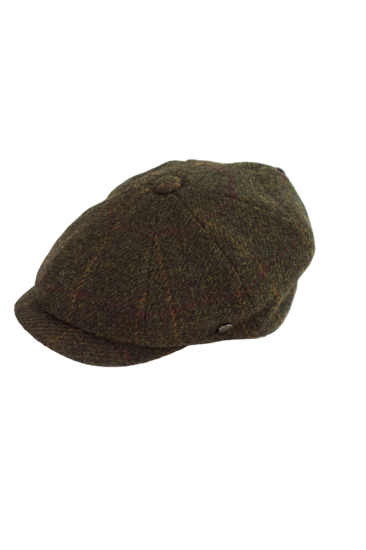 Failsworth Baker boy 8 panel Harris Tweed Cap (Olive with a orange and red design)