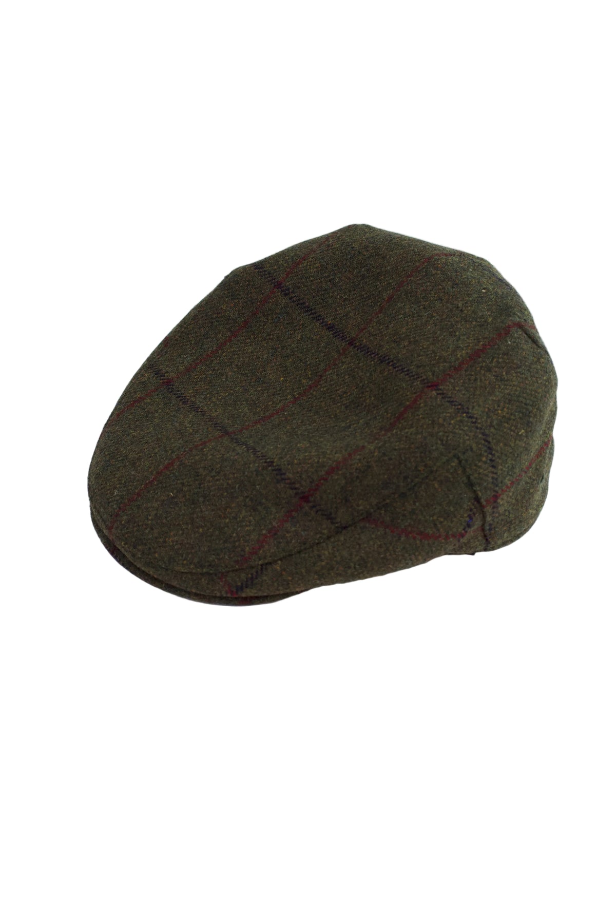 Failsworth Tweed Flat Cap, Olive Green with a Navy & Red check
