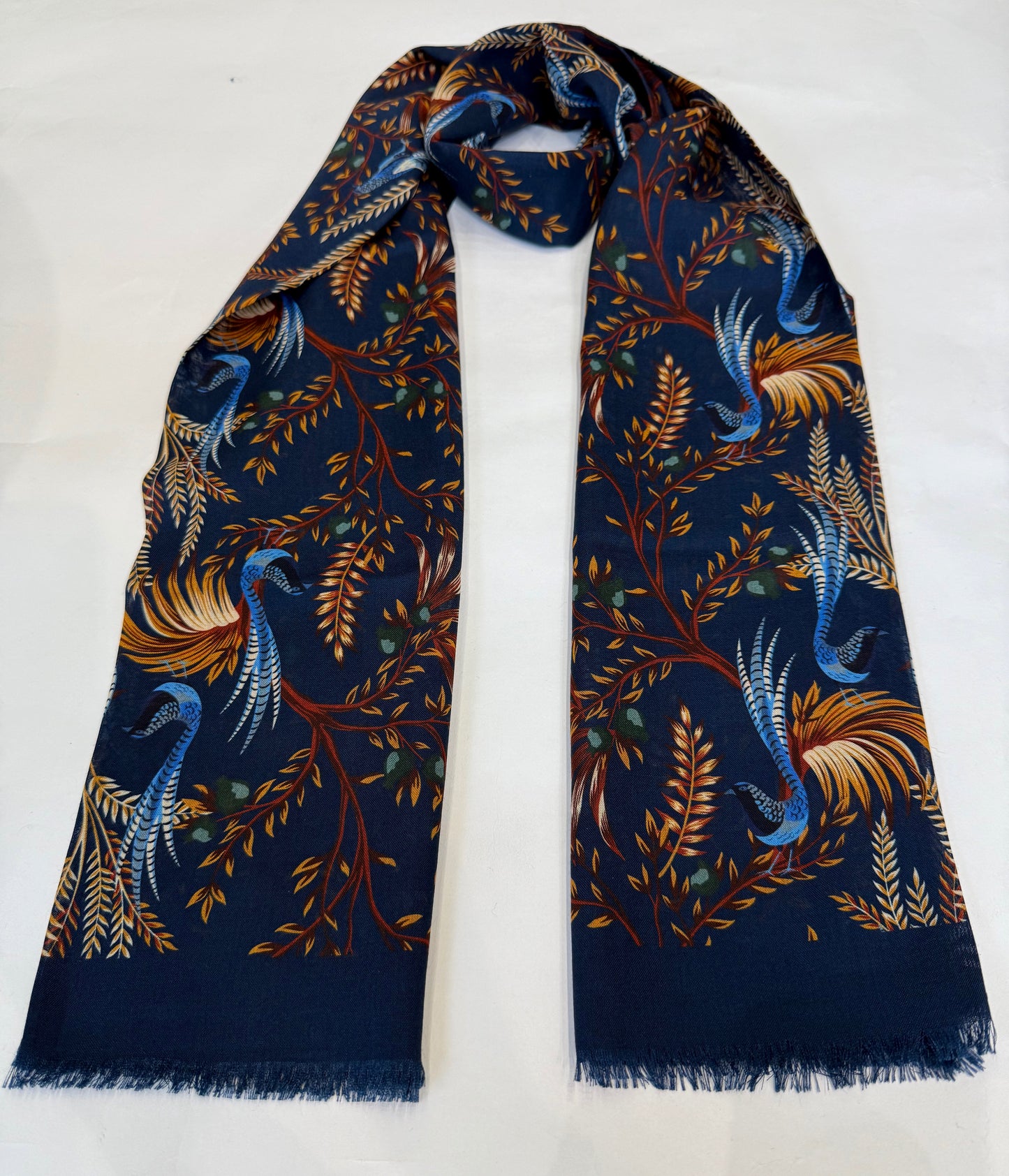 Birds of Paradise Print Wool & Silk Scarf, Navy