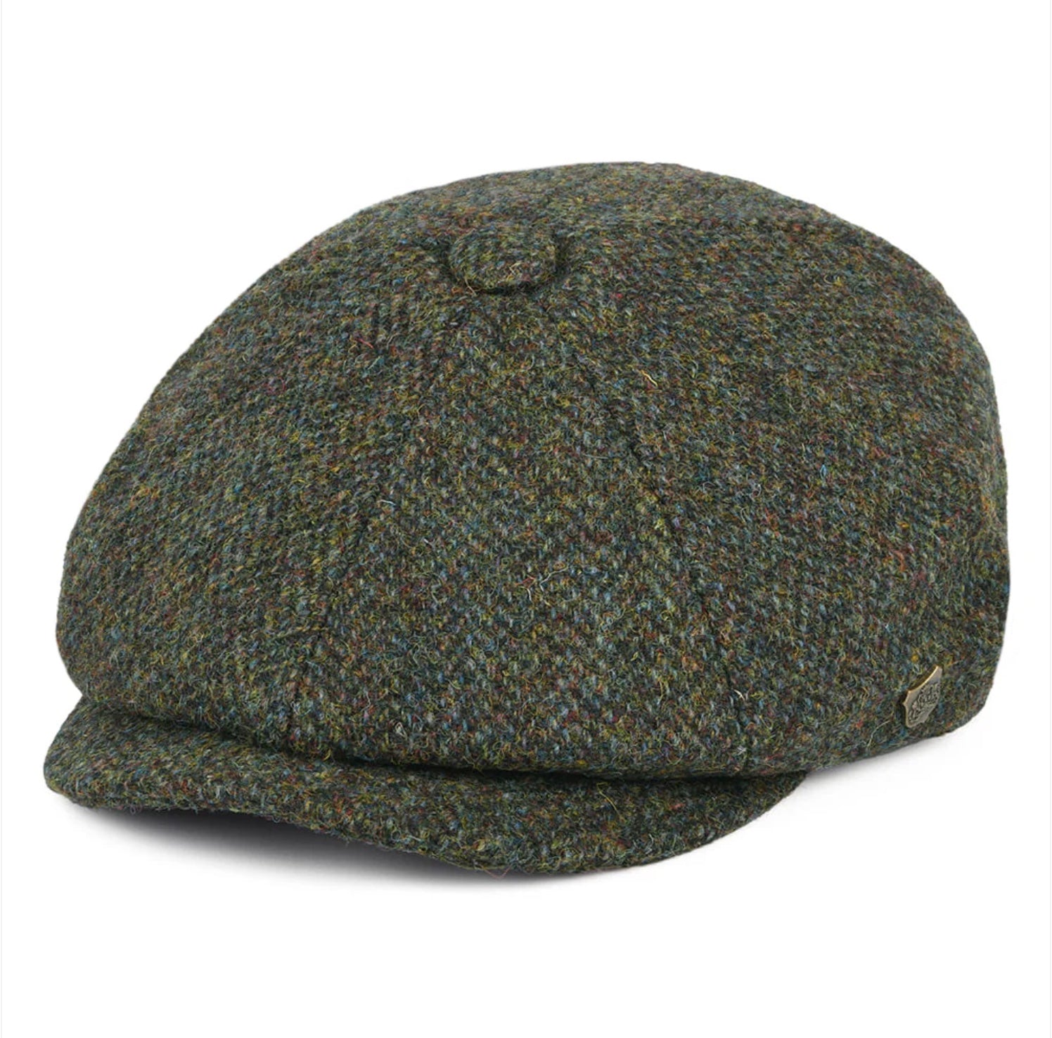 Harris Tweed Baker boy 8 panel Cap, Green Herringbone