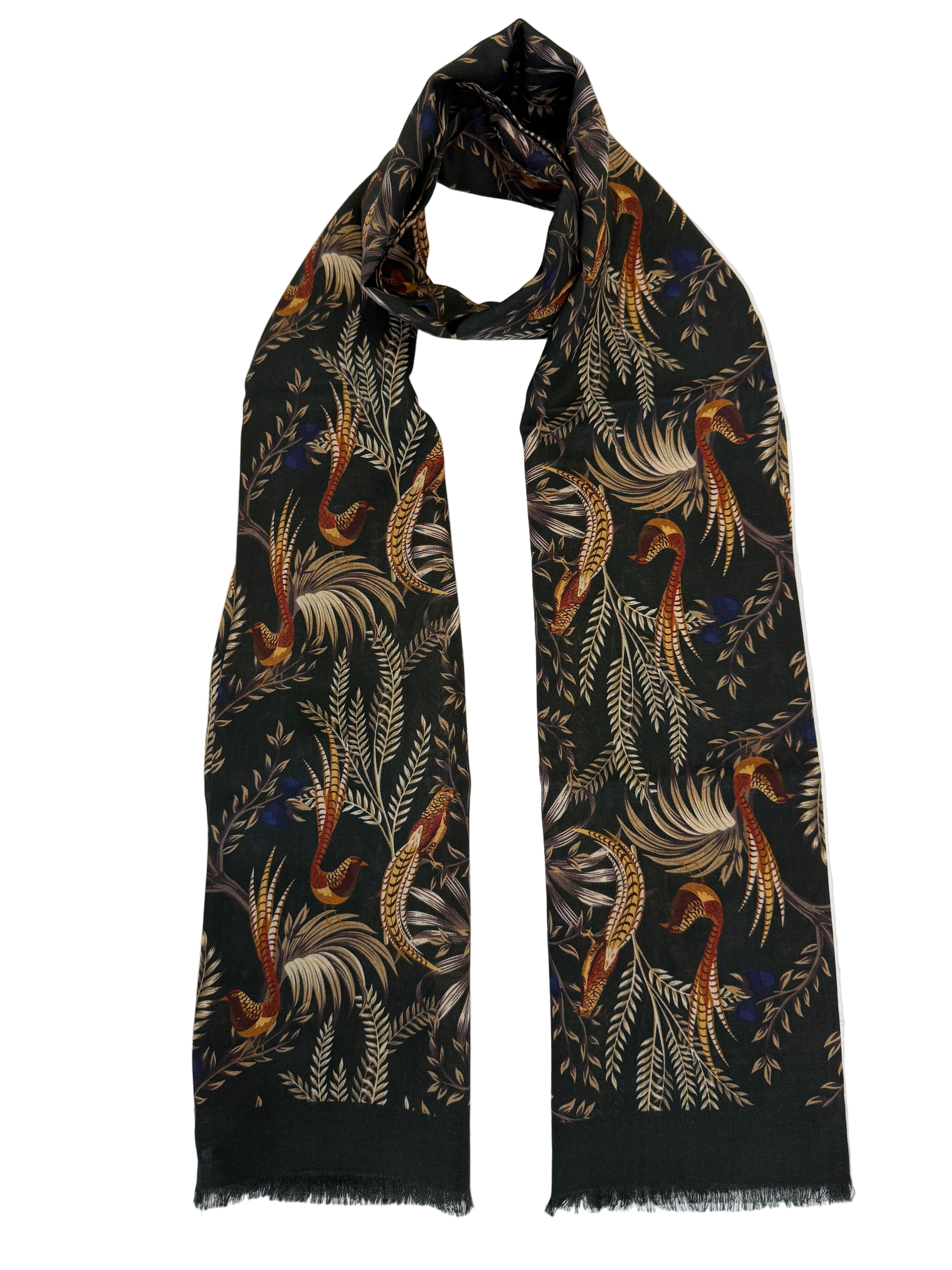 Birds of Paradise Print Wool & Silk Scarf, Olive