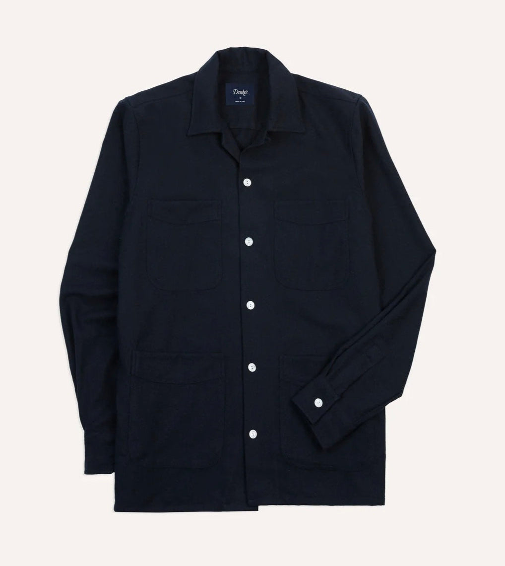 Drake's Brushed Wool Four Pocket Overshirt, Dark Navy