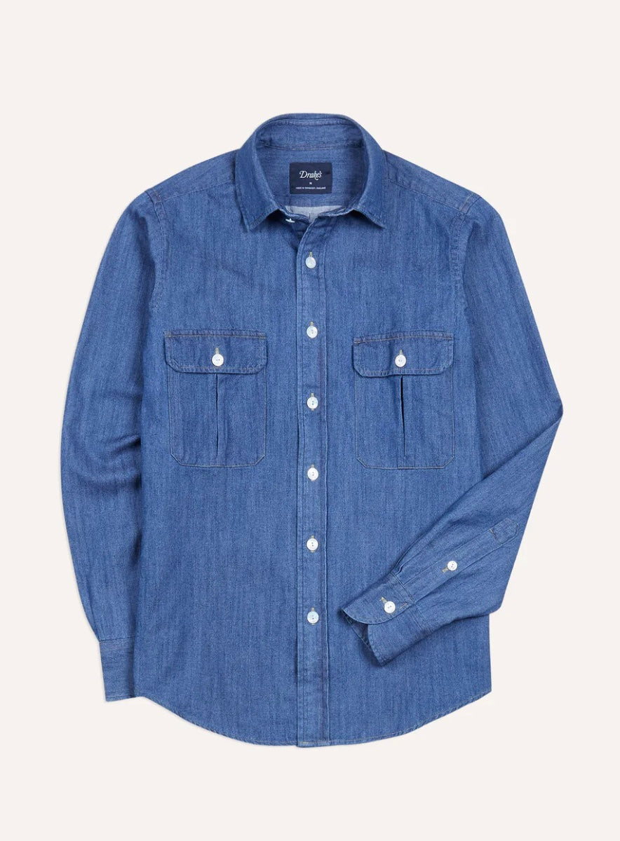 Drake's Washed Denim Work Shirt, Mid Blue