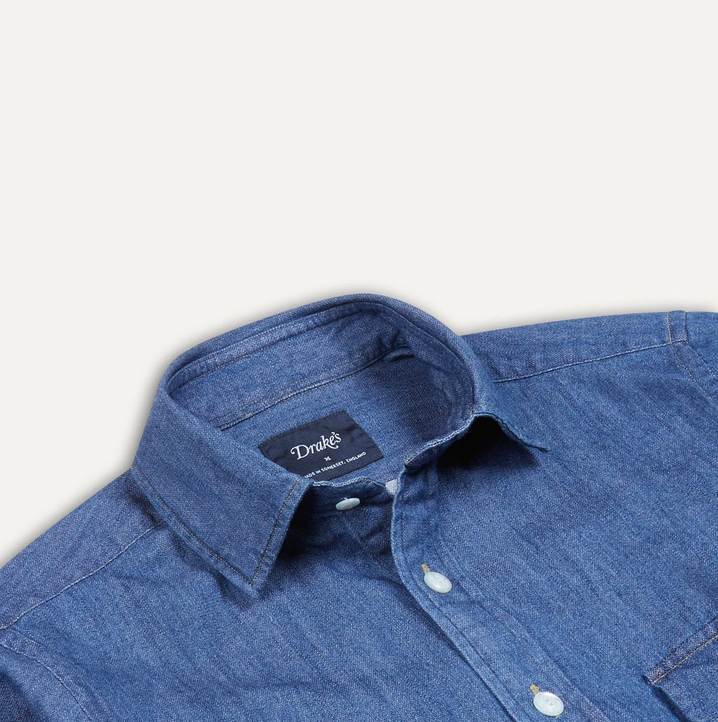Drake's Washed Denim Work Shirt, Mid Blue