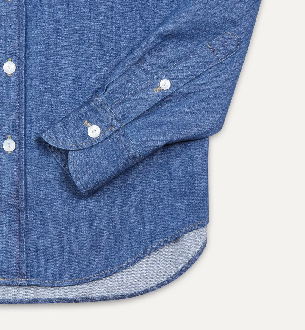 Drake's Washed Denim Work Shirt, Mid Blue