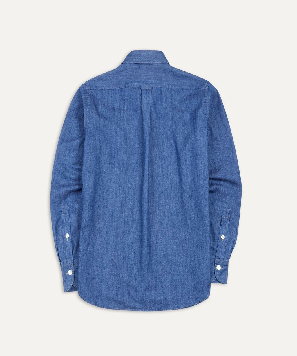 Drake's Washed Denim Work Shirt, Mid Blue