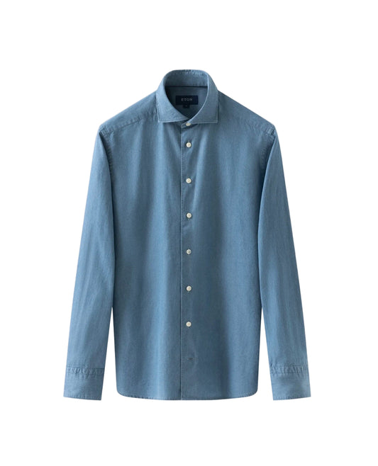 Eton Blue button-up shirt on a light grey background
