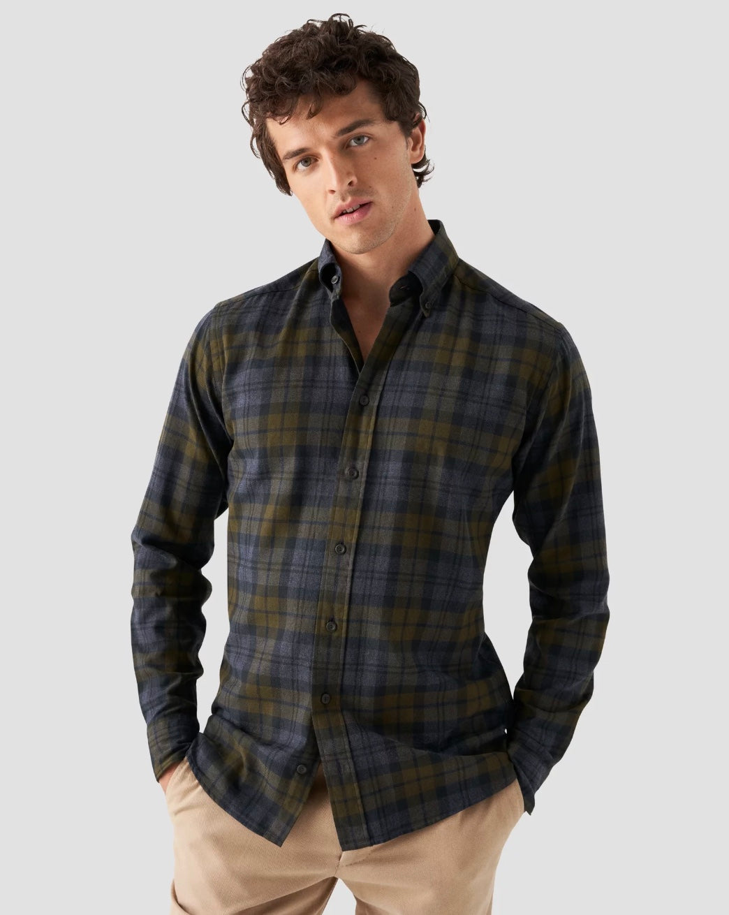 Eton Checked Flannel Shirt, Navy