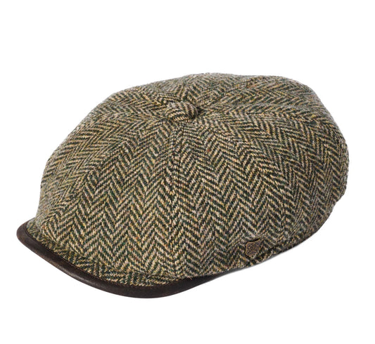 Failsworth Baker Boy 8 Panel Tweed Cap, Green & Camel Herringbone