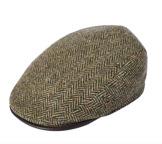 Failsworth Arthur Tweed Flat Cap, Green Camel Herringbone