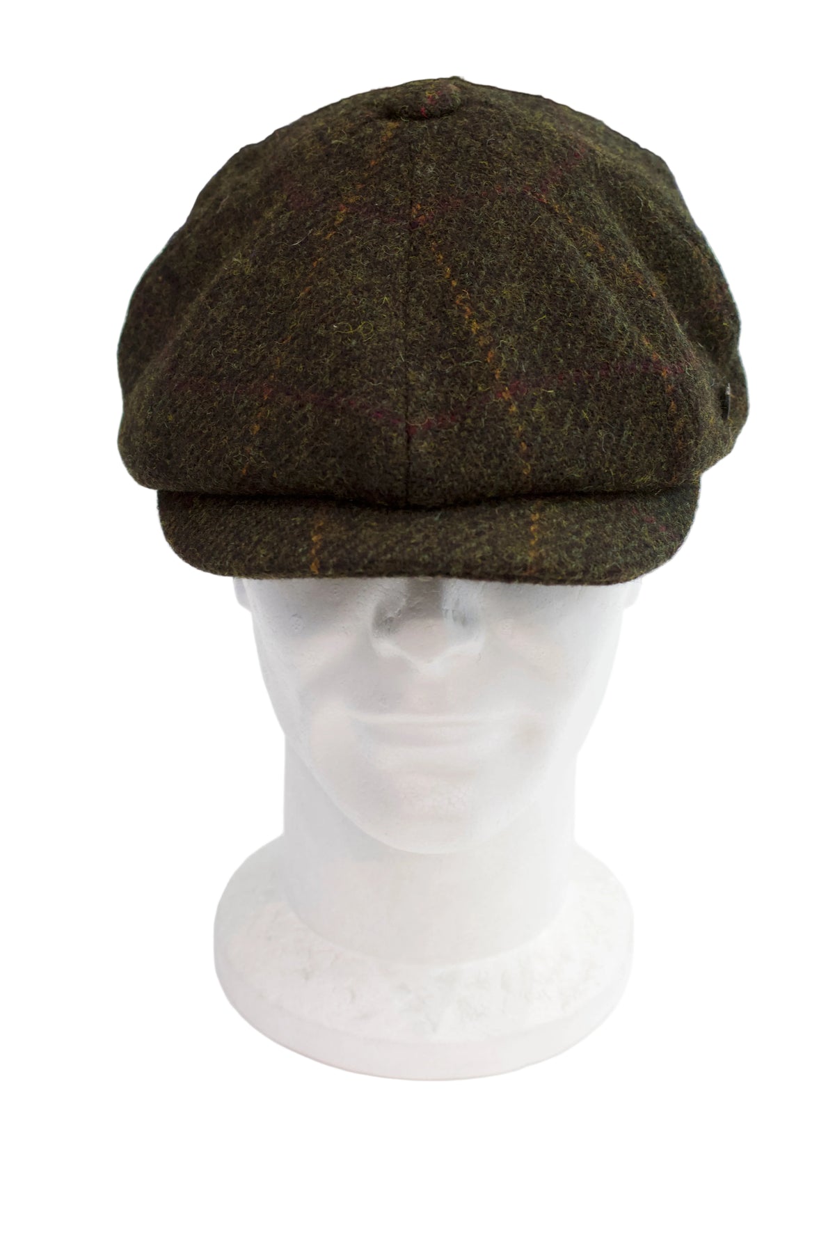 Failsworth Baker boy 8 panel Harris Tweed Cap (Olive with a orange and red design)