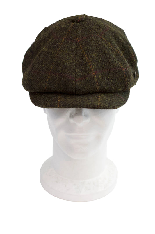 Failsworth Baker boy 8 panel Harris Tweed Cap (Olive with a orange and red design)
