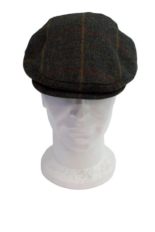 Failsworth  Tweed Flat Cap, Dark Green with a mustard & Red check