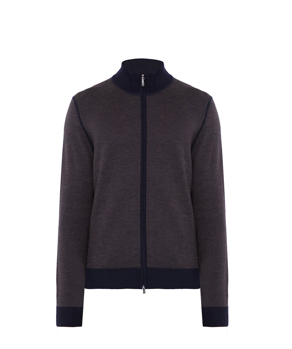 Gran Sasso Textured Merino Zip Cardigan, Navy / Brown