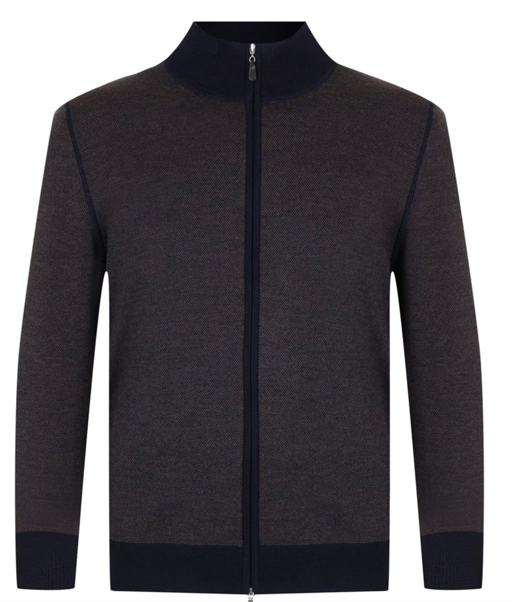 Gran Sasso Textured Merino Zip Cardigan, Navy / Brown