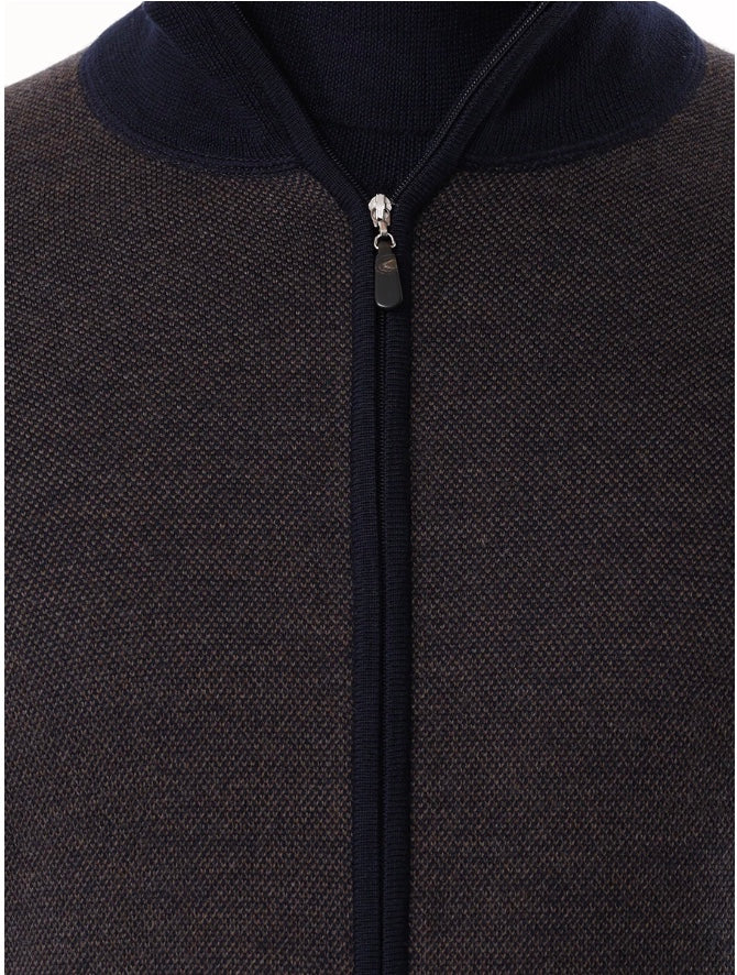 Gran Sasso Textured Merino Zip Cardigan, Navy / Brown