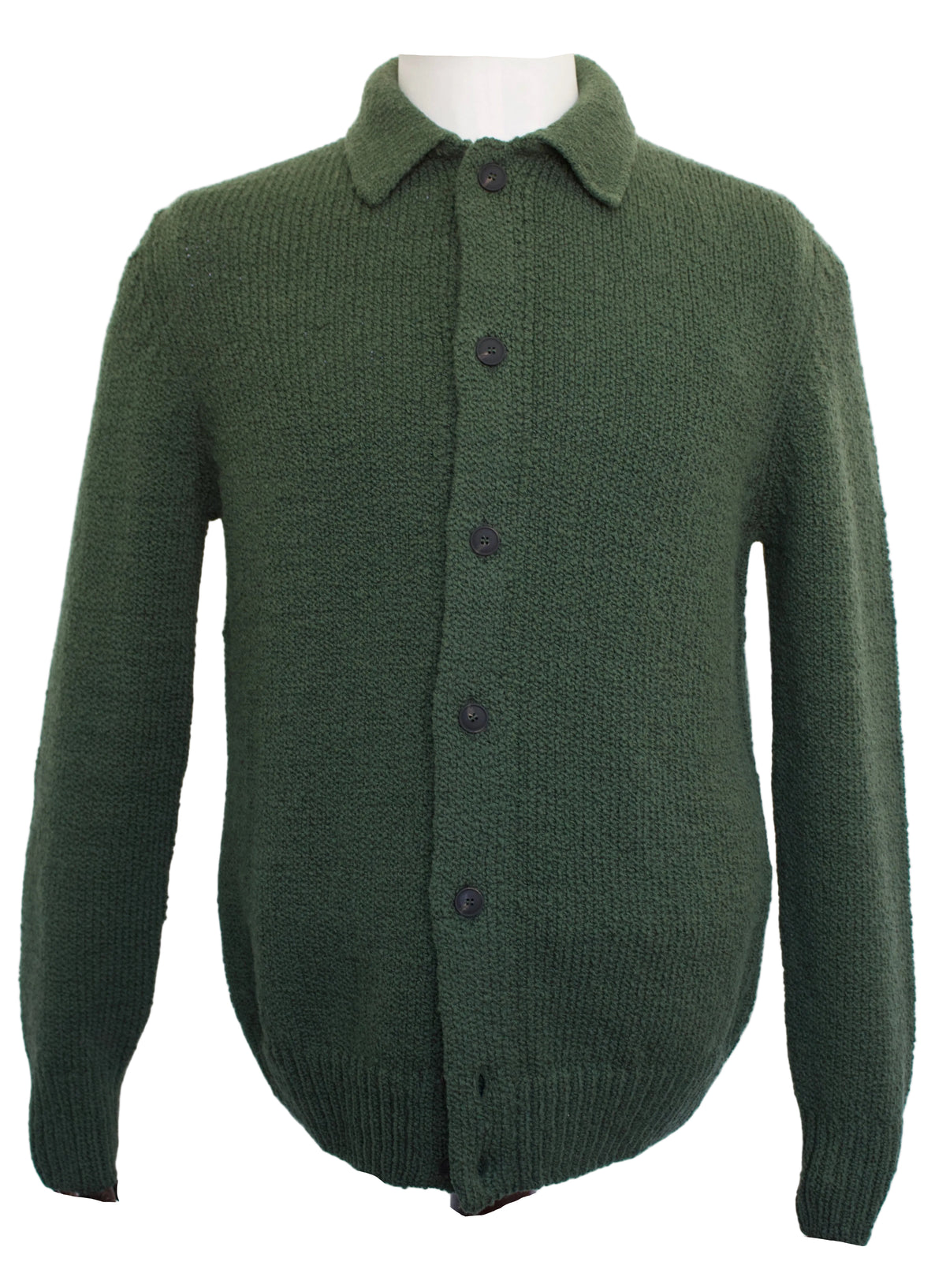 A dark green knit button-up cardigan sweater with a collar, displayed on a mannequin torso against a plain white background.