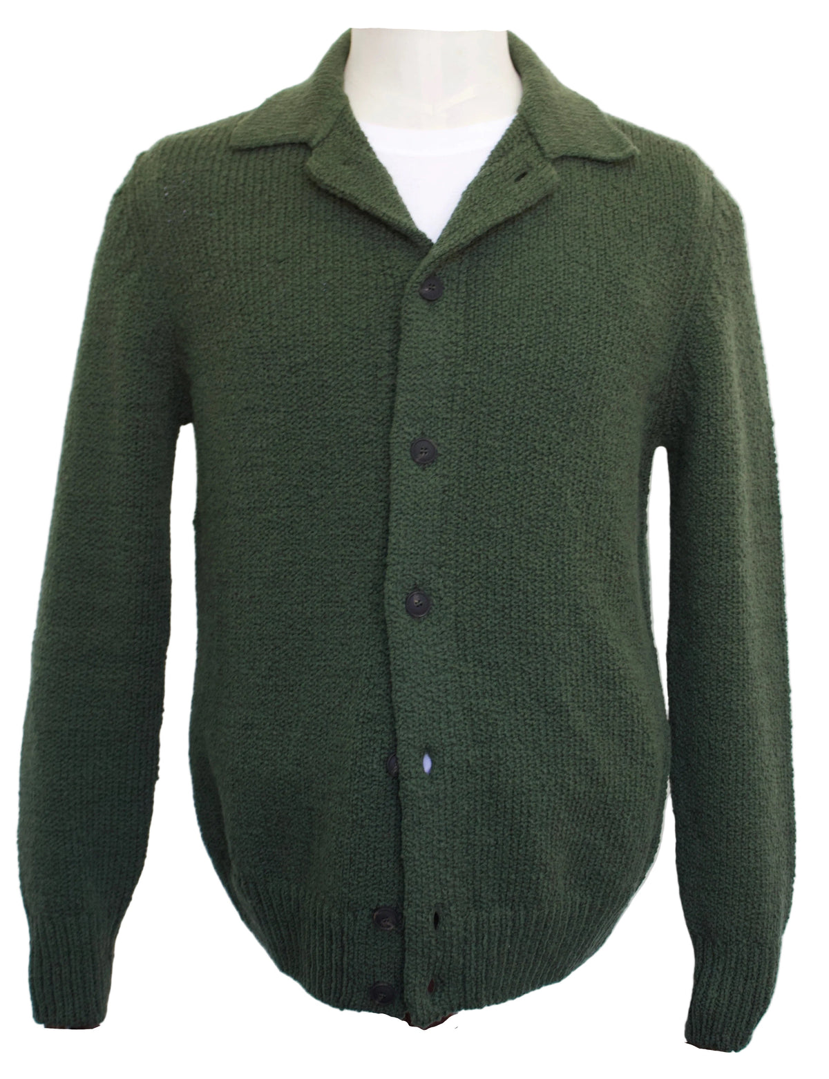 A dark green knit cardigan sweater with a pointed collar and dark buttons, displayed on a mannequin torso against a plain white background.