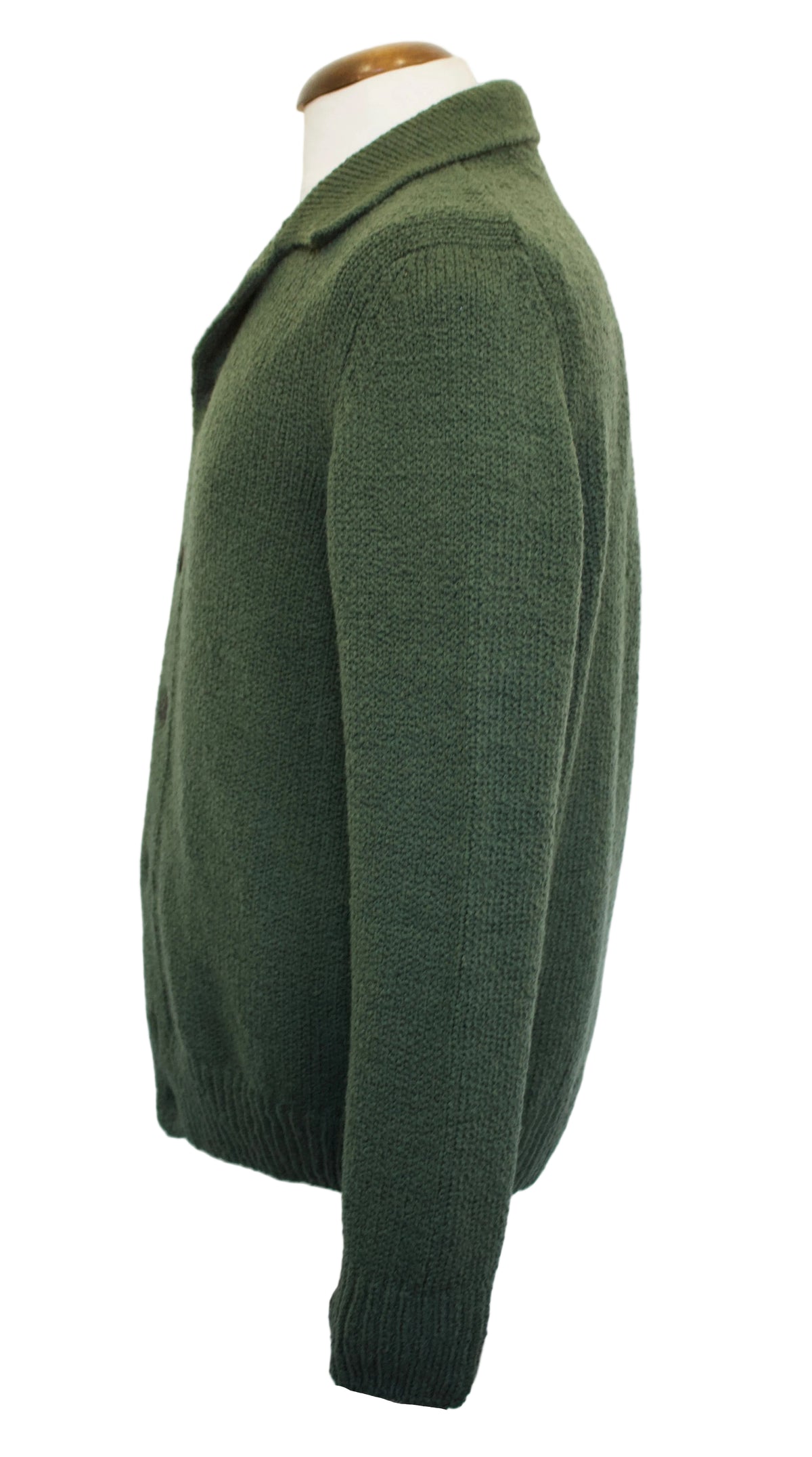 An olive green knit cardigan sweater displayed on a mannequin torso against a plain white background.