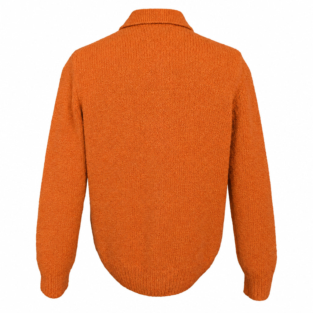 An orange ribbed knit sweater displayed on a mannequin from the back on a white background.