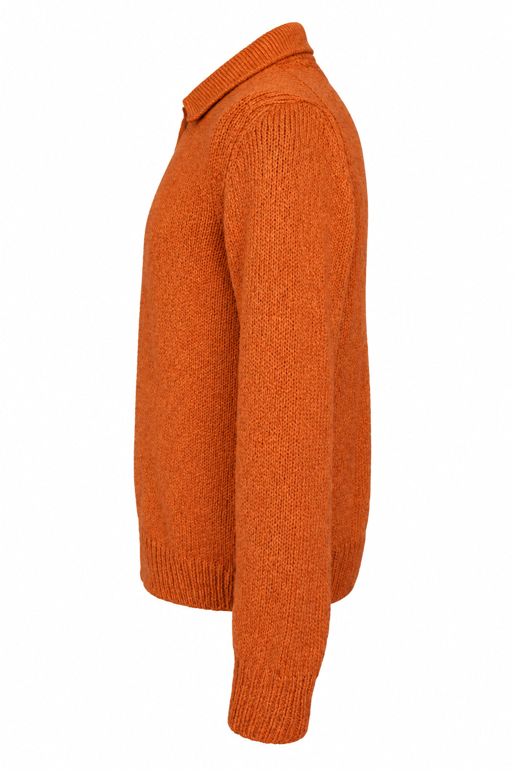 An orange knit sweater displayed on a mannequin torso on a white background.