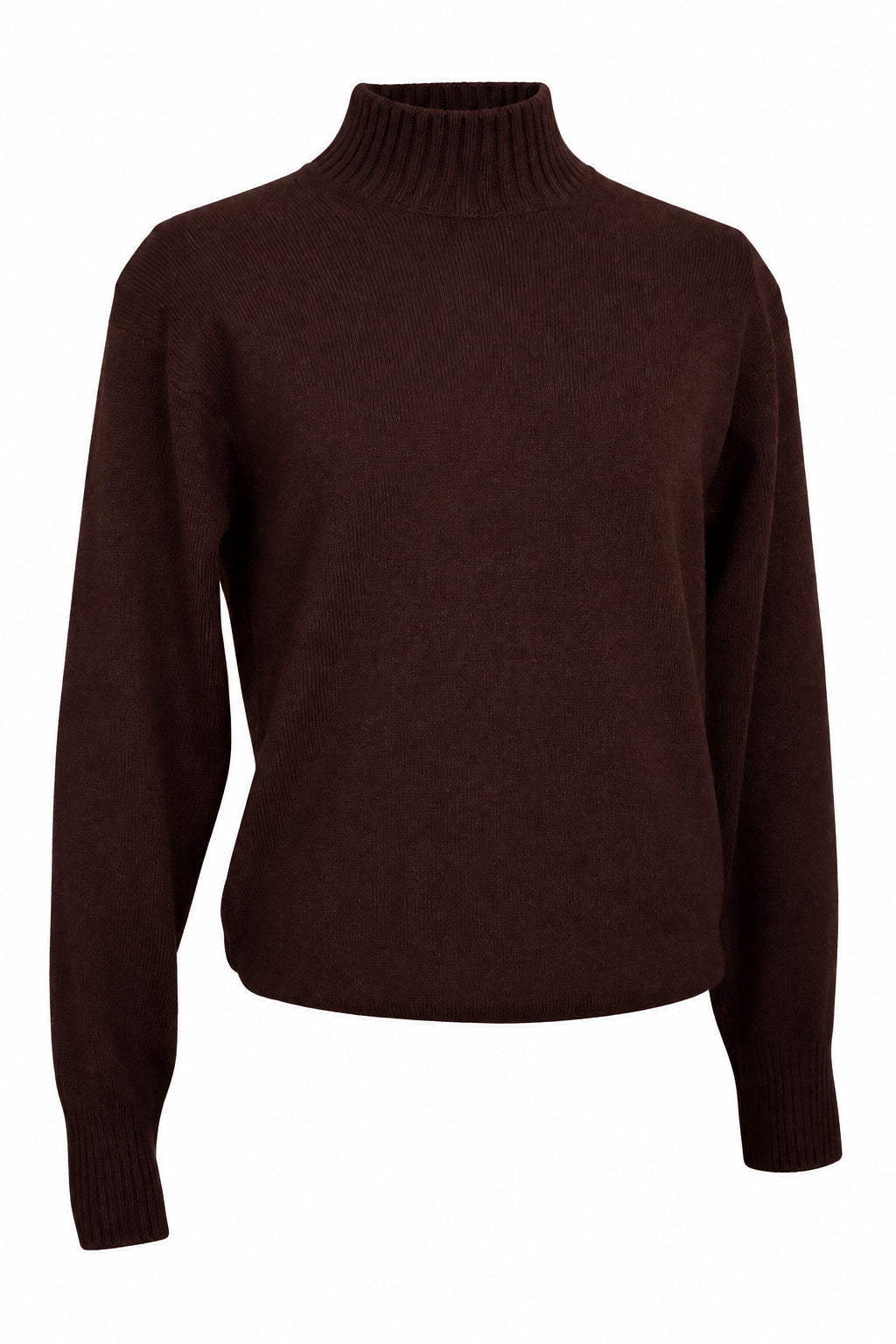 A dark brown ribbed knit turtleneck sweater displayed on a mannequin torso , white background.