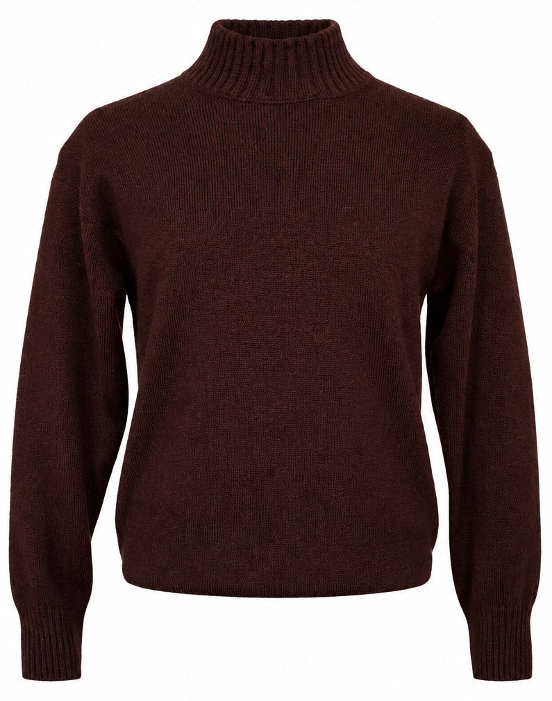 A dark brown ribbed knit mock neck sweater displayed on a mannequin torso, white background