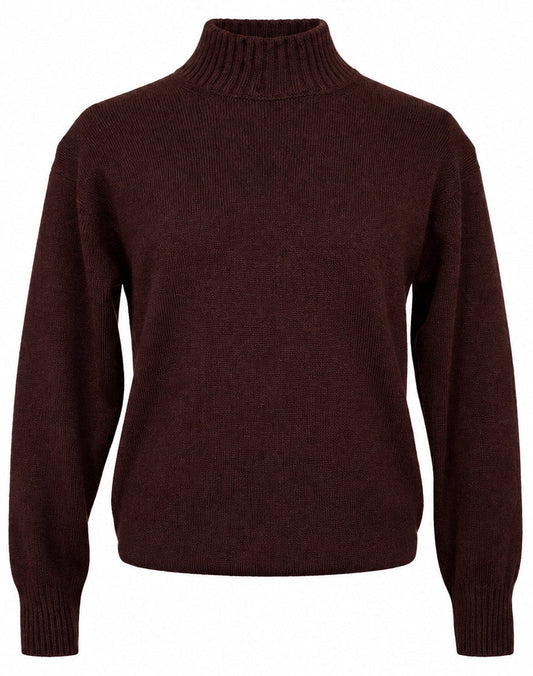 A dark brown ribbed knit mock neck sweater displayed on a mannequin torso, white background