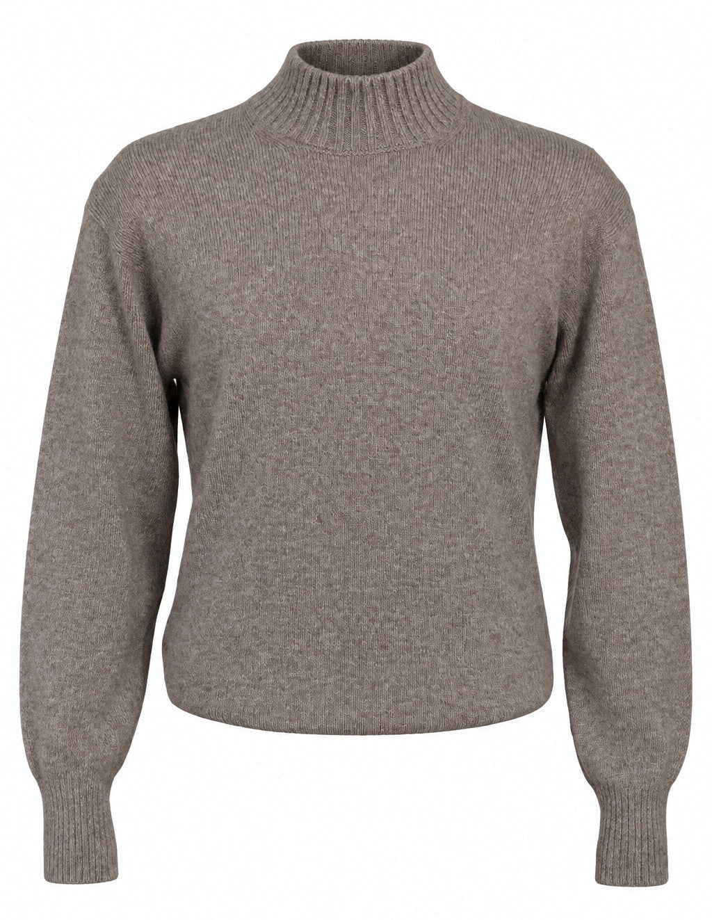 A taupe knit mock neck sweater displayed on a mannequin torso in an indoor showroom setting.