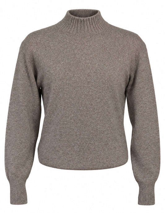 A taupe knit mock neck sweater displayed on a mannequin torso in an indoor showroom setting.
