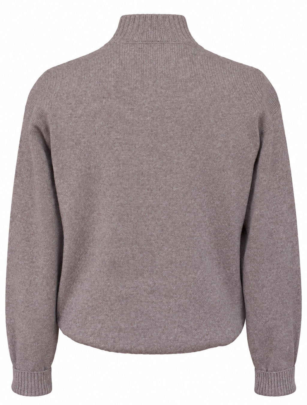 A light brown knit sweater displayed on a mannequin from the back, featuring a mock neck, ribbed cuffs, and a ribbed hem.