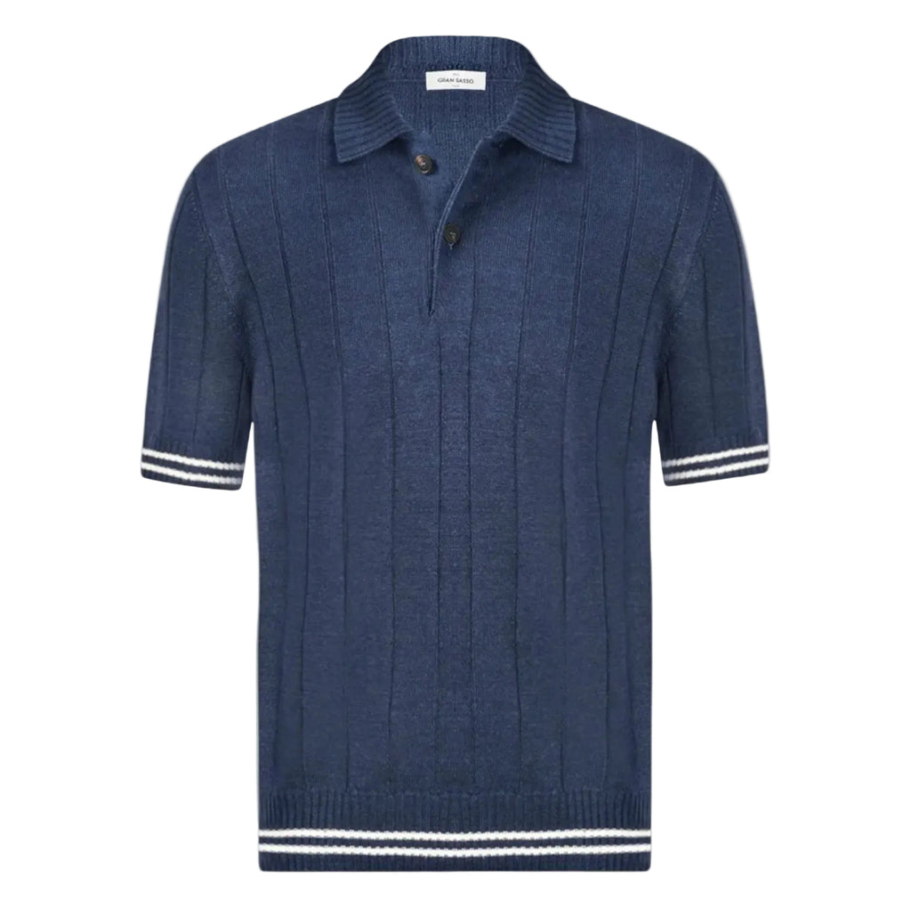Gran Sasso Blue short-sleeve Ribbed polo shirt with white trim .