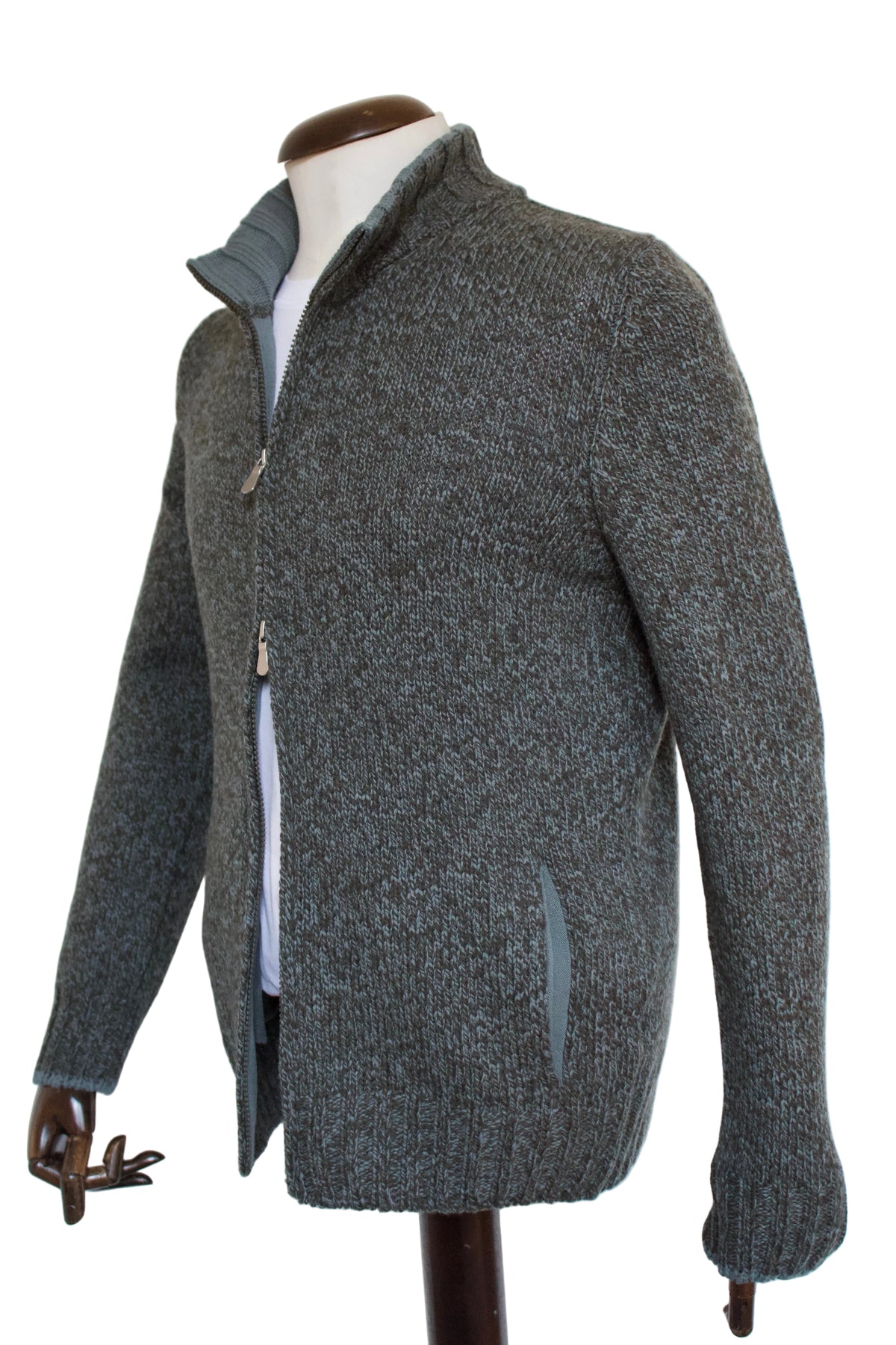 A green and brown heathered knit zip-up sweater displayed on a mannequin torso against a plain white background.