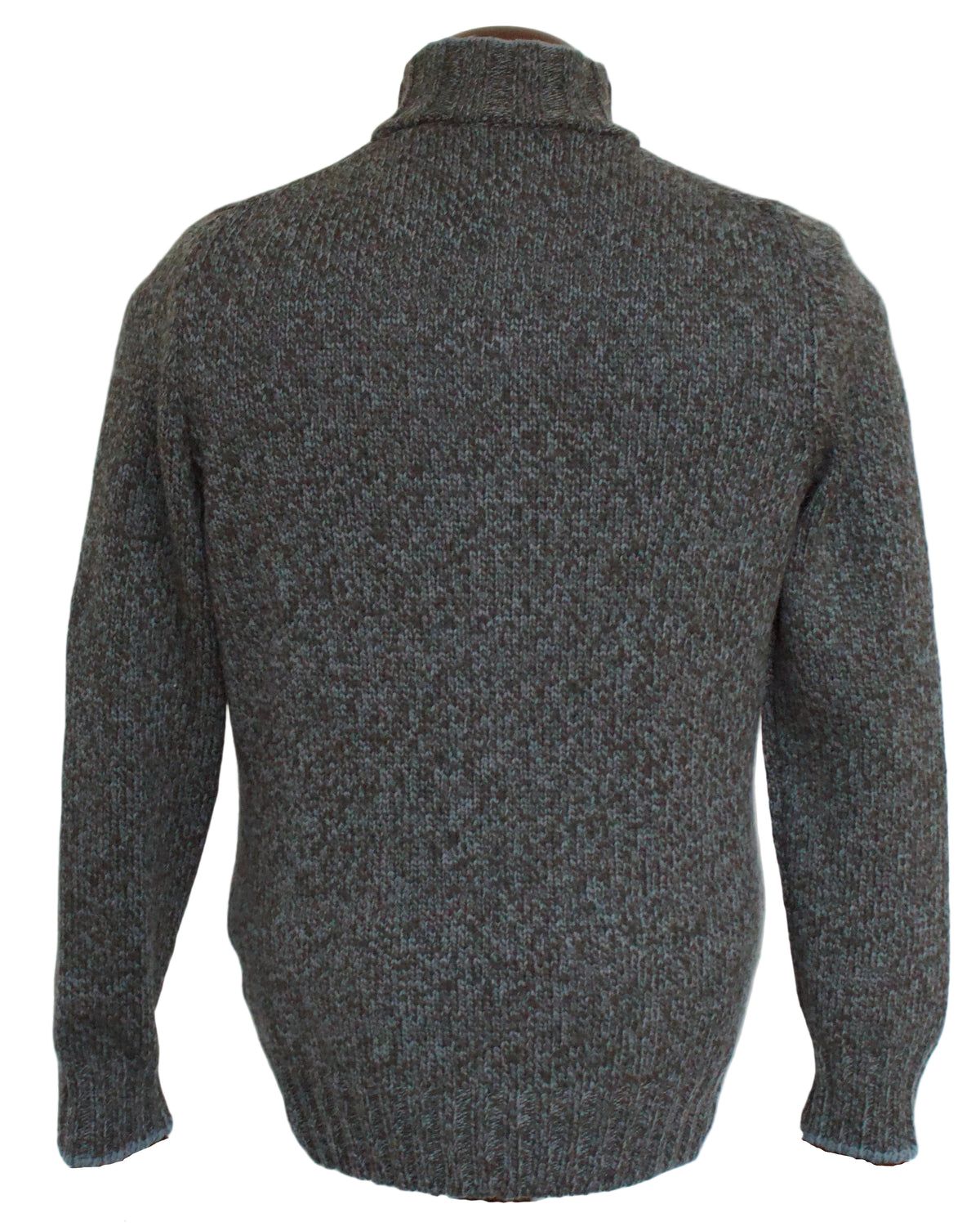 A green and brown  heathered knit sweater with a mock neck, shown from the back on a mannequin against a plain white background.