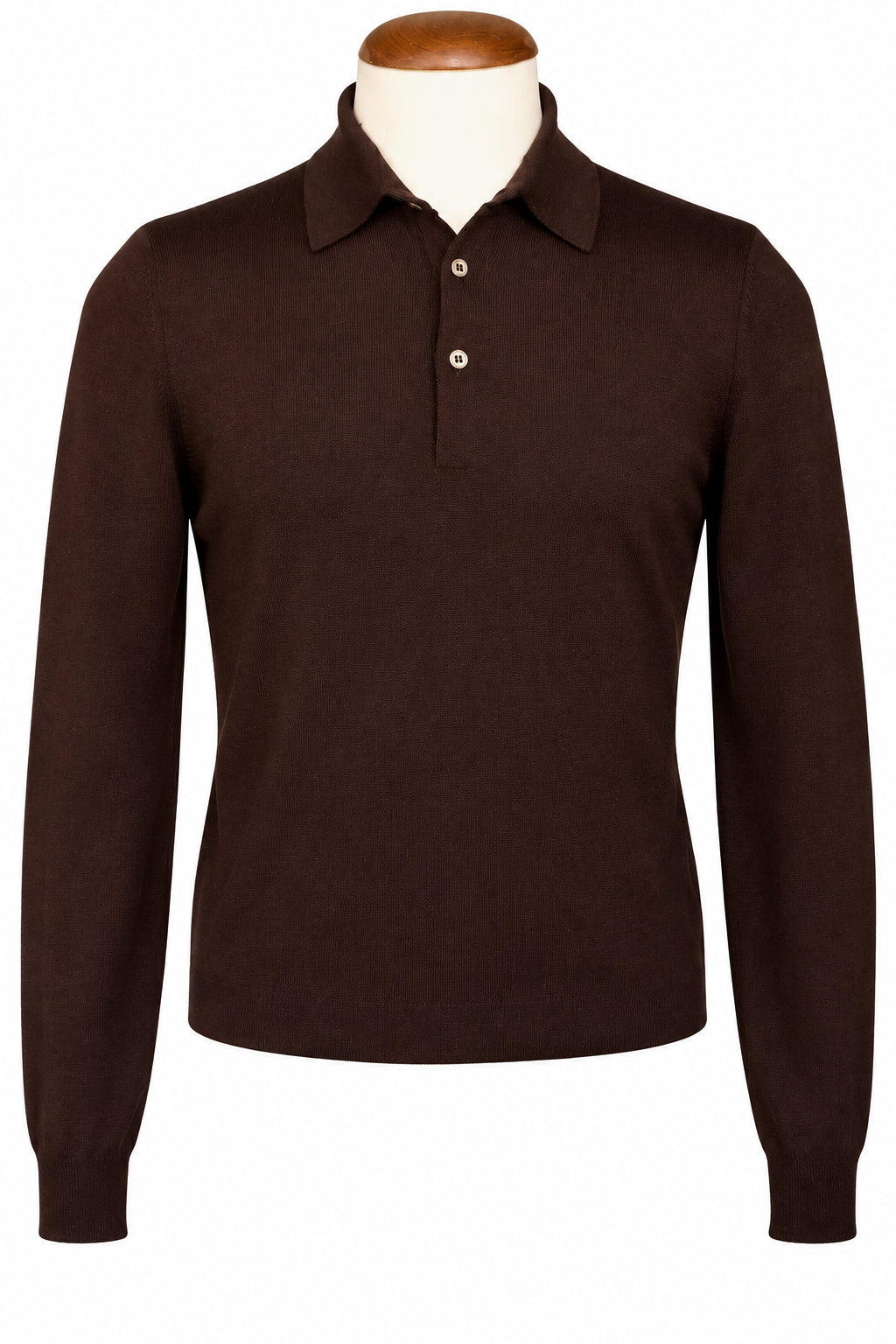 A dark brown long-sleeve knit polo shirt displayed on a mannequin torso in an indoor showroom setting.