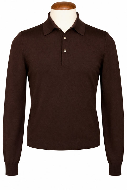 A dark brown long-sleeve knit polo shirt displayed on a mannequin torso in an indoor showroom setting.