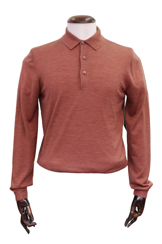 Gran Sasso Wool Silk Long Sleeve Polo in a terracotta colour.