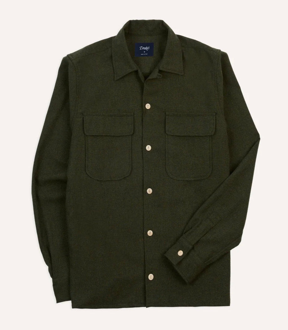 Drake's Brushed Wool Work Overshirt, Dark Green
