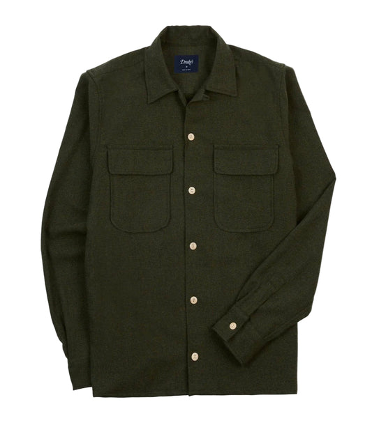Drake's Dark green shirt with button details on a light beige background