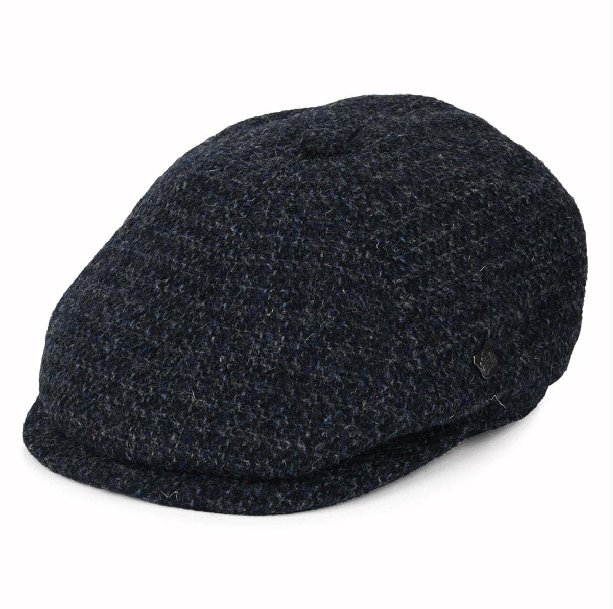 A navy blue Harris Tweed check newsboy cap with a quilted satin lining and a grosgrain sweatband.