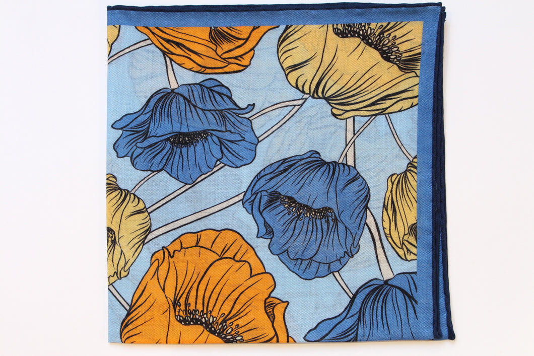 Floral Light Blue/Orange/Yellow Print Wool-Silk Pocket Square