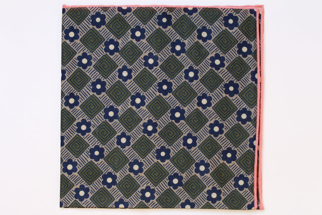 Geometric Olive Print Wool-Silk Pocket Square