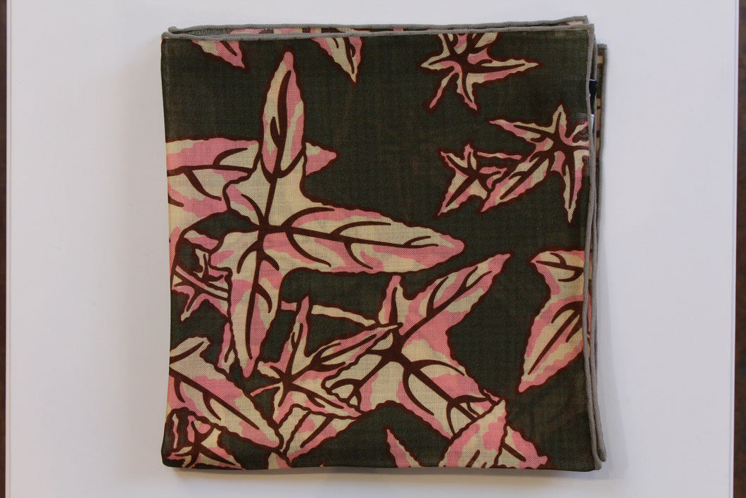 Leaf Print in Olive/Pink/Cream Wool-Silk Pocket Square