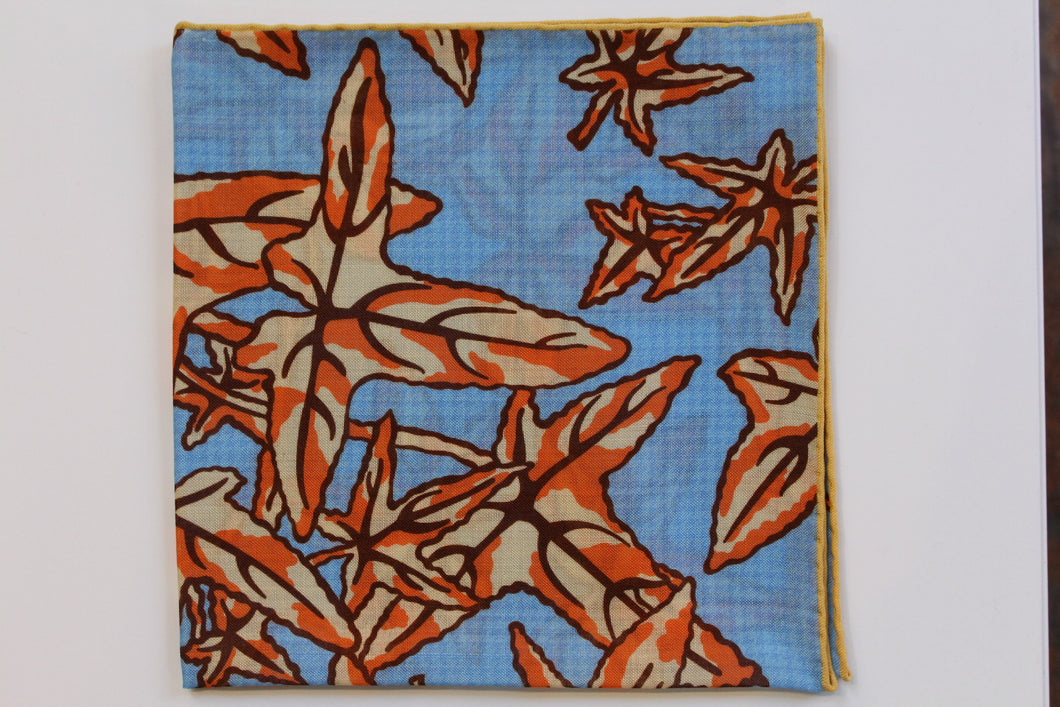 Leaf Print in Light Blue/Orange/Cream Wool-Silk Pocket Square