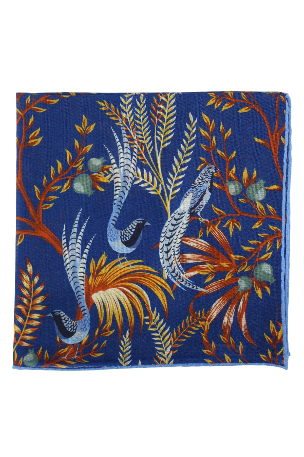 Birds of Paradise Print Wool-Silk Pocket Square( Blue)