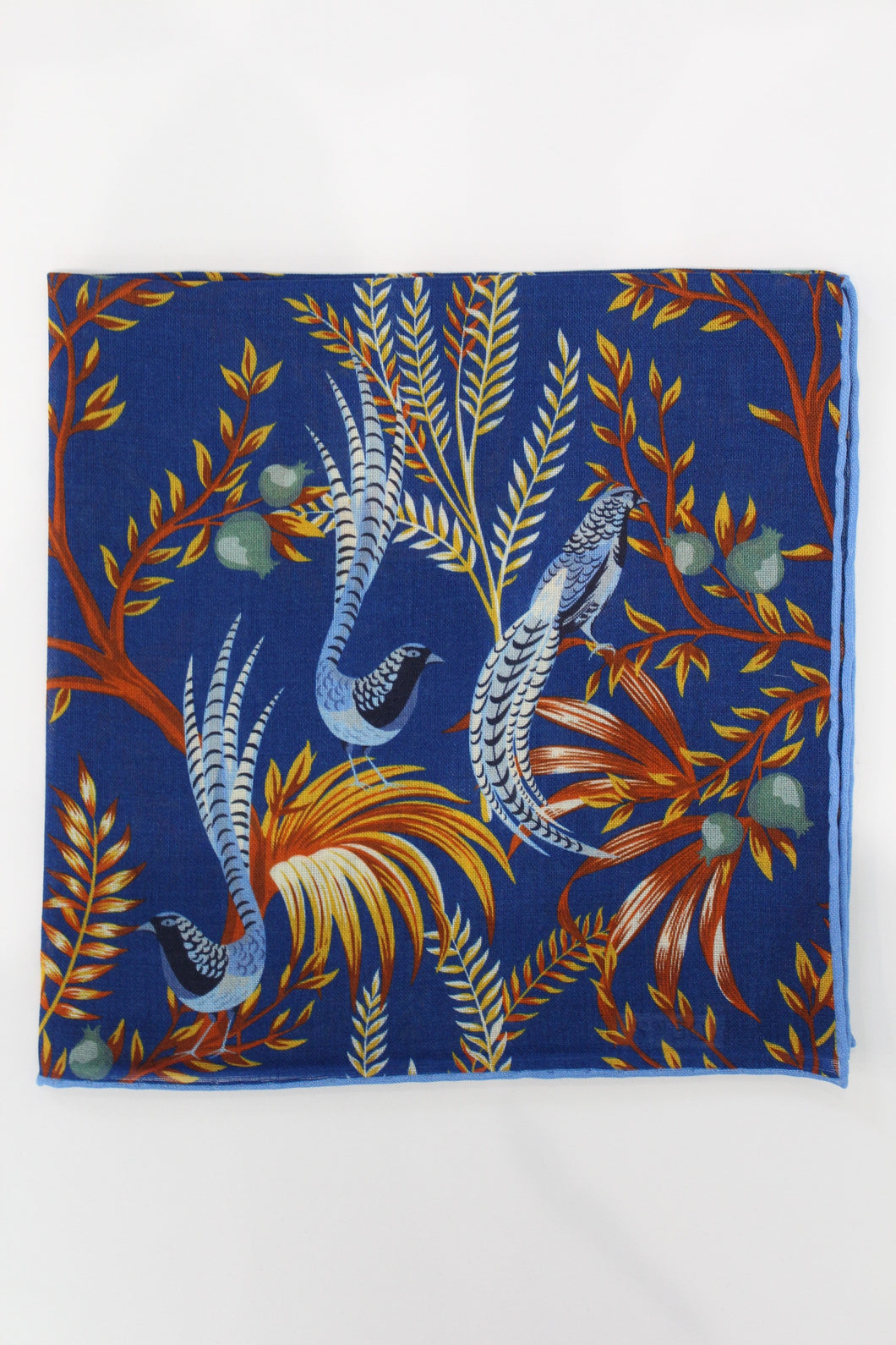 Limited Edition of Six Birds of Paradise Print Wool-Silk Pocket Square( Blue)