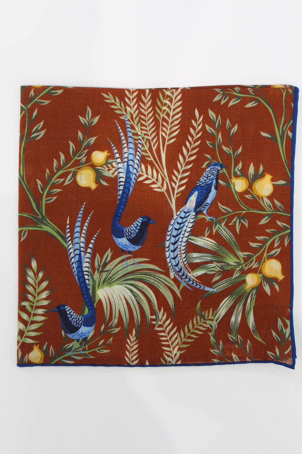 Limited Edition of Six  Birds of Paradise Print Wool-Silk Pocket Square( Burnt Orange)