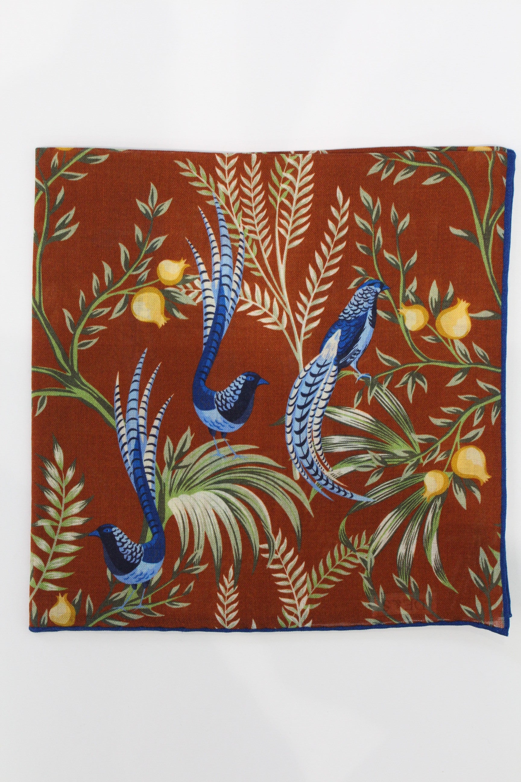Birds of Paradise Print Wool-Silk Pocket Square( Blue)