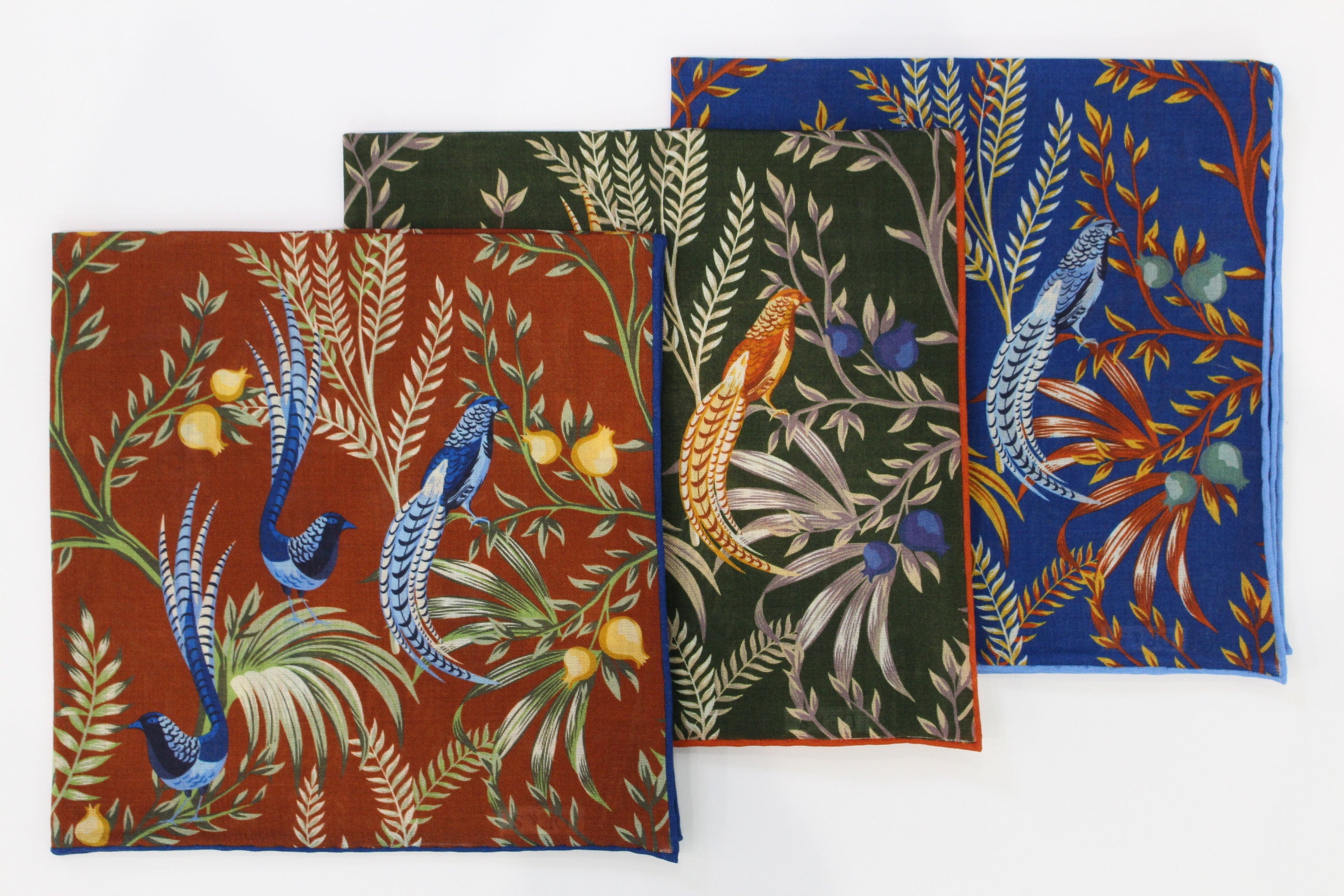 Birds of Paradise Print Wool-Silk Pocket Square( Blue)