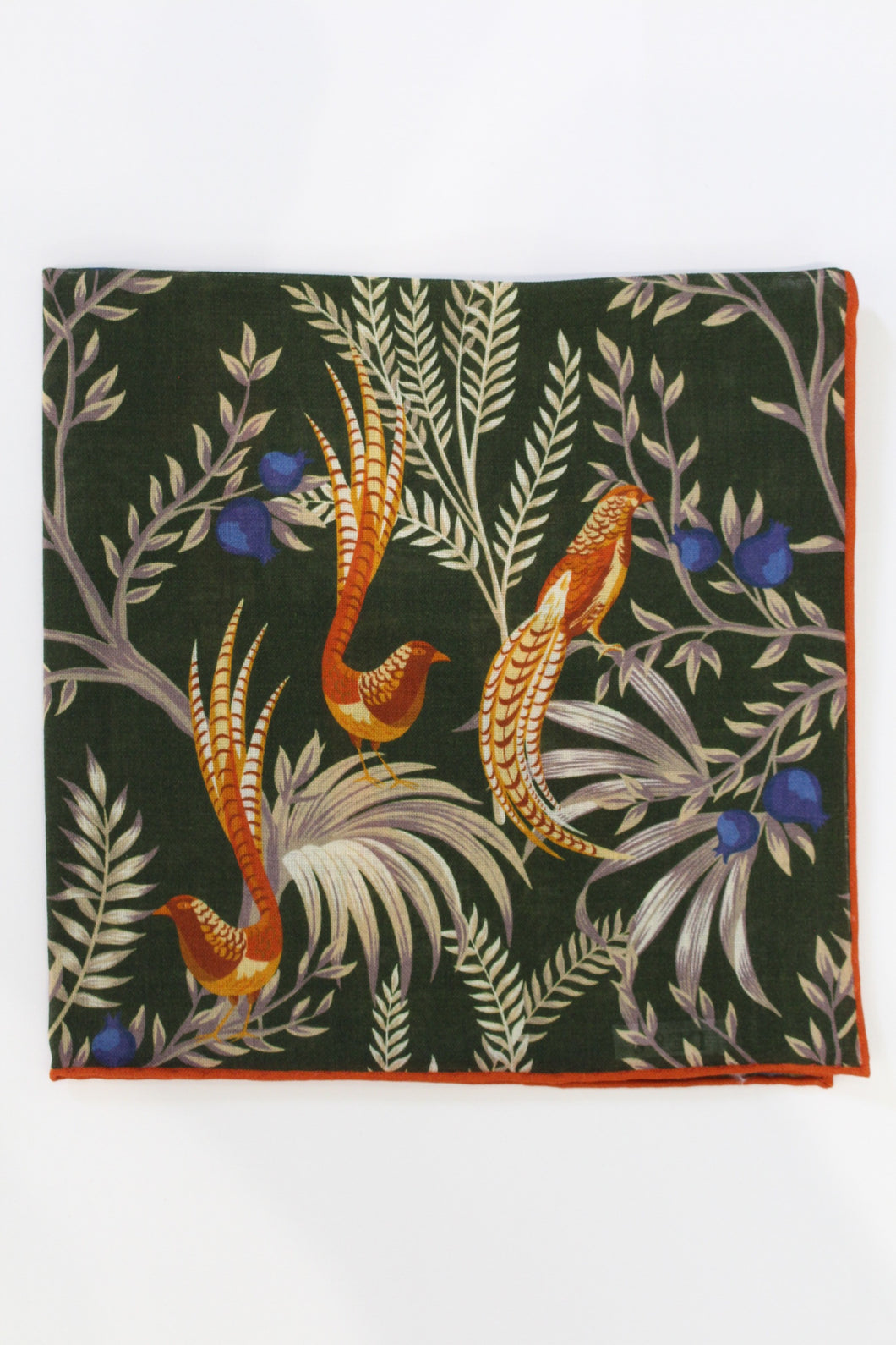 Birds of Paradise Print Wool-Silk Pocket Square( Green)